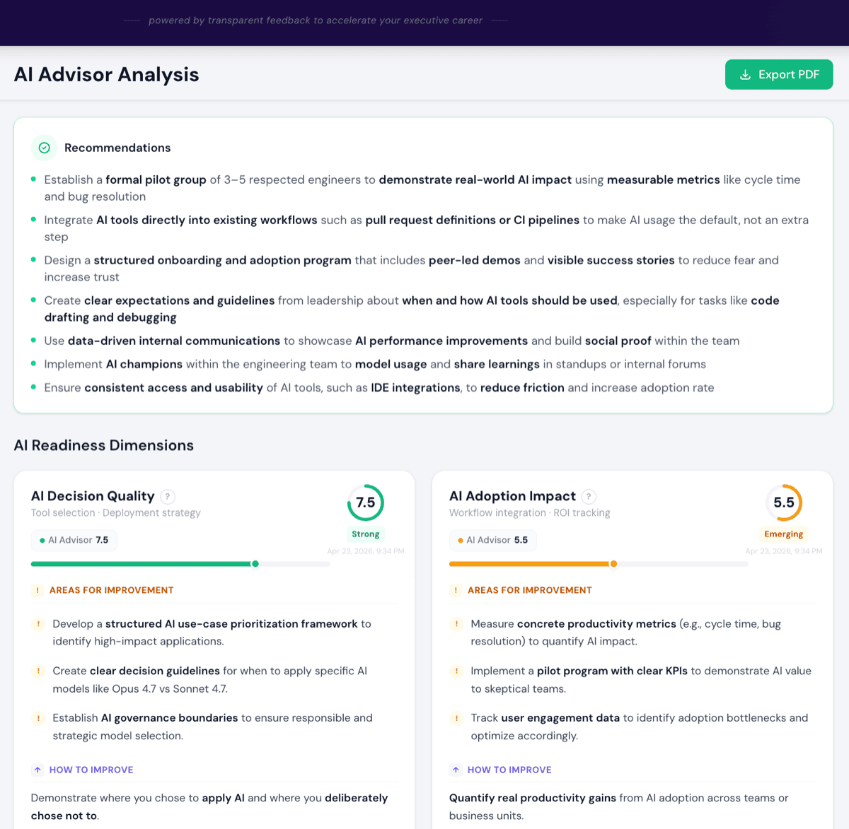 AI Advisor Analysis screen with recommendations and AI Readiness Dimensions
