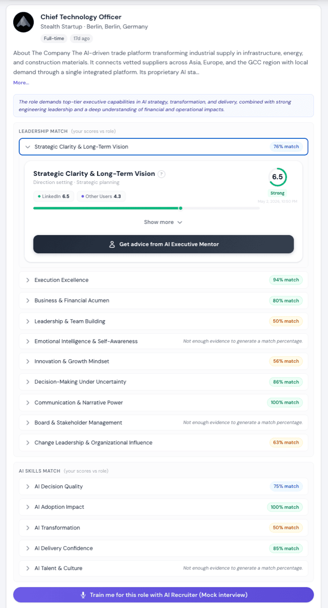 Job role match screen showing leadership and AI skill compatibility